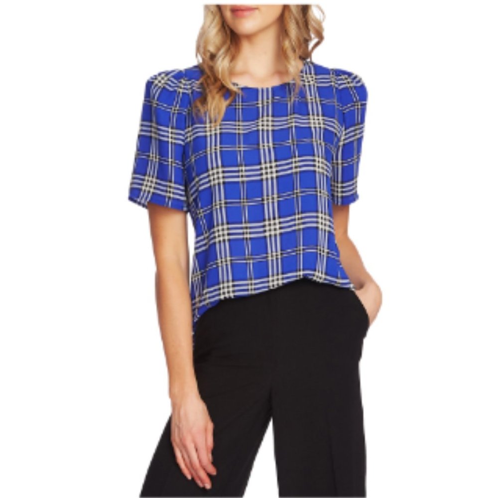 NEW Vince Camuto Plaid-Print Top - Electric Blue L